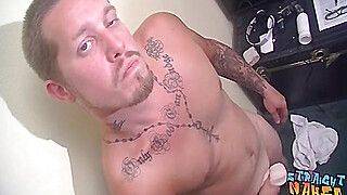 Straight stud with sexy tatts making his hard cock spray cum - gayxo.com